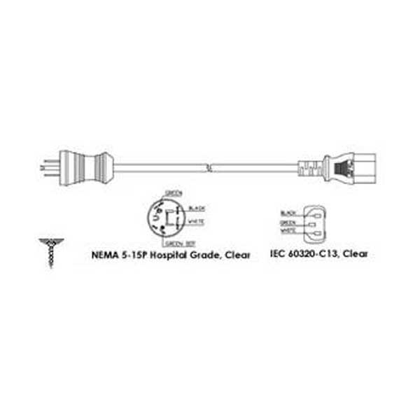 18AWG 3 SJT Hospital Grade PC Power Cord - 10'