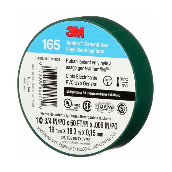 3M Temflex 165 Vinyl Electrical Tape | 3/4 in x 60 ft | 6 mil | Green | 165GR4A