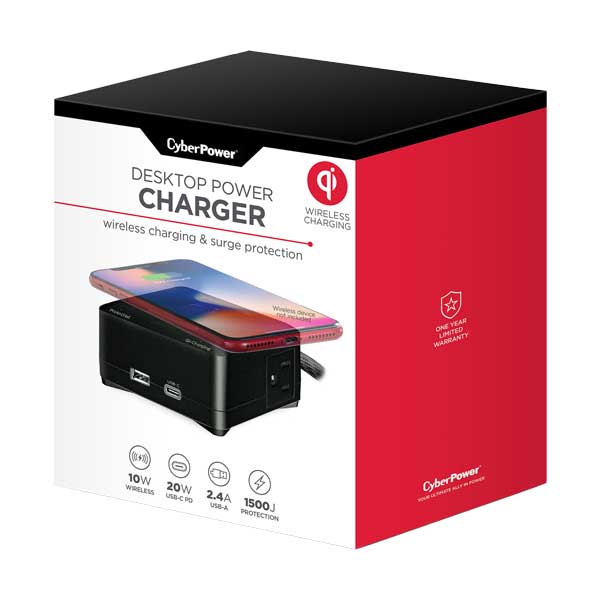 CyberPower Dual-Port Qi Desktop Charger with 5ft Cord - Black (P205UCPDQB) - Image 2