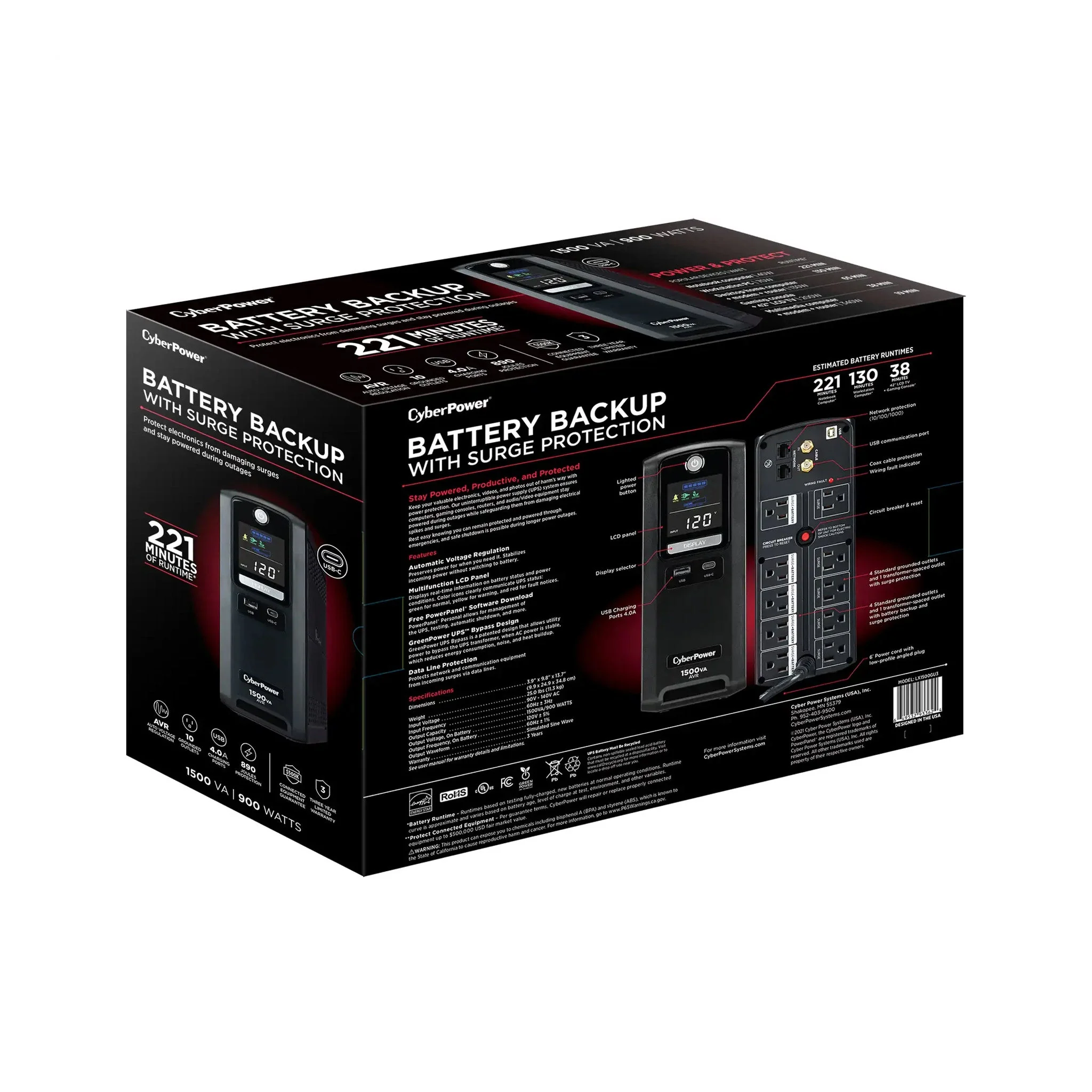 CyberPower LX1500GU3 10-Outlet 1500VA 900W AVR Line Interactive Battery Backup - Image 8