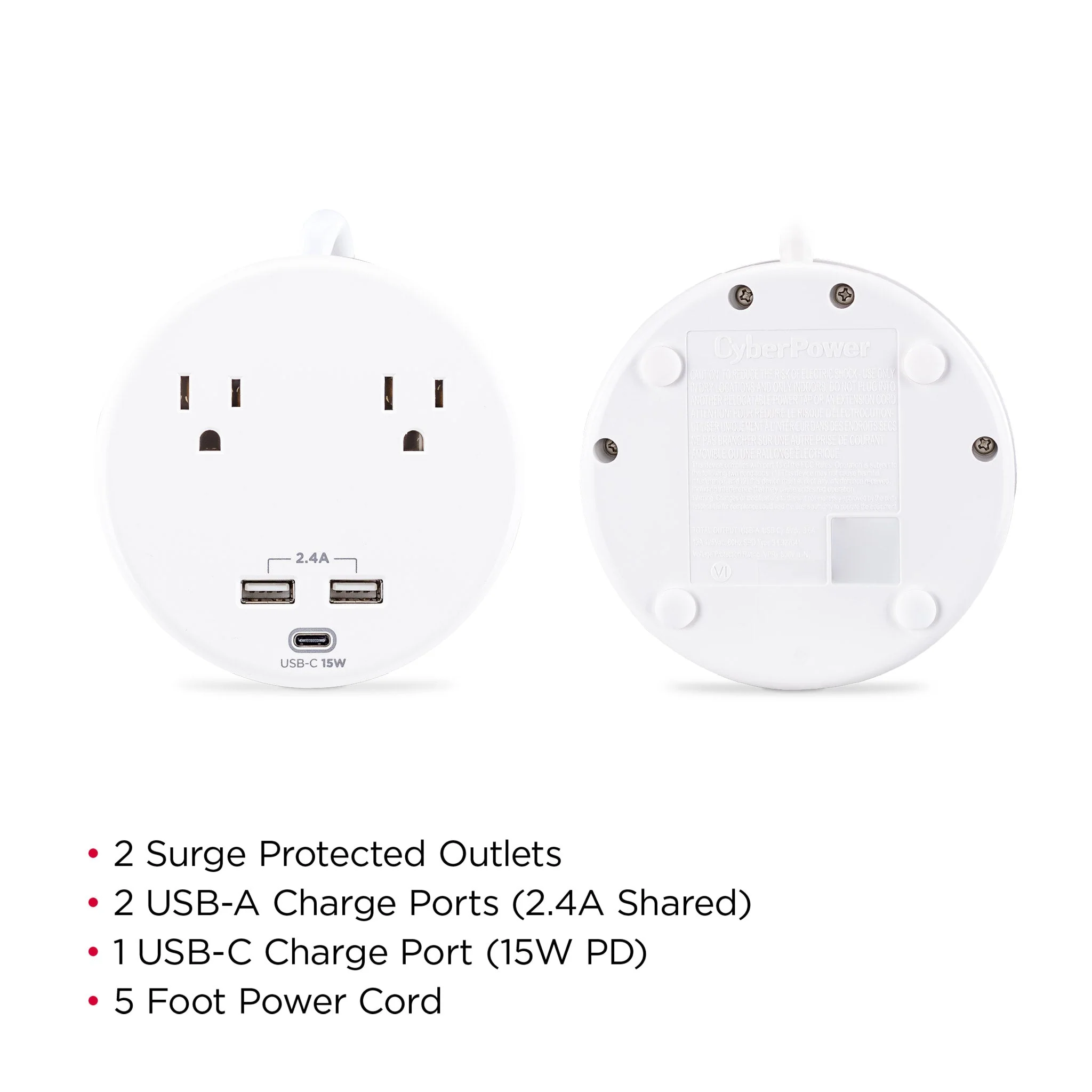 CyberPower P205UC 2-Outlet 3-USB 500 Joule Surge Protector with 5ft Cord - Image 2