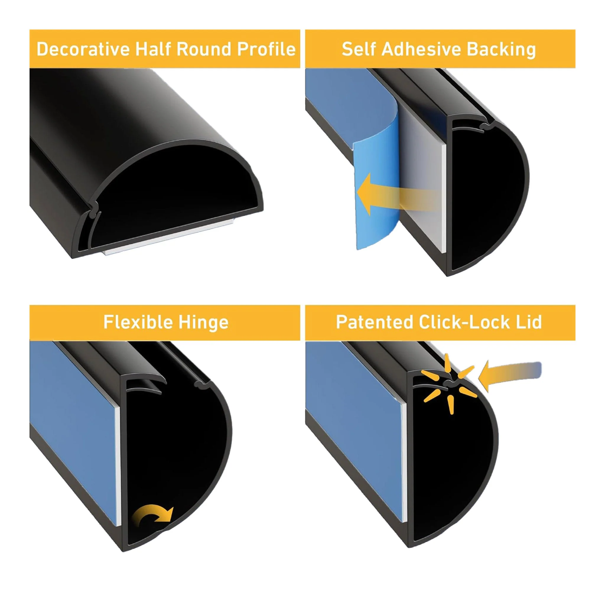 D-Line US/D23015B 6ft Self-Adhesive Half Round Mini Cable Raceway - Black - Image 3
