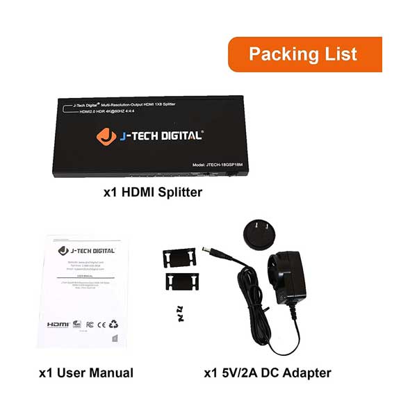 J-Tech Digital JTECH-18GSP18M Scaler/Multi-Resolution Output 18G 1×8 HDMI 2.0 Splitter 4K@60Hz 4:4:4 - Image 3