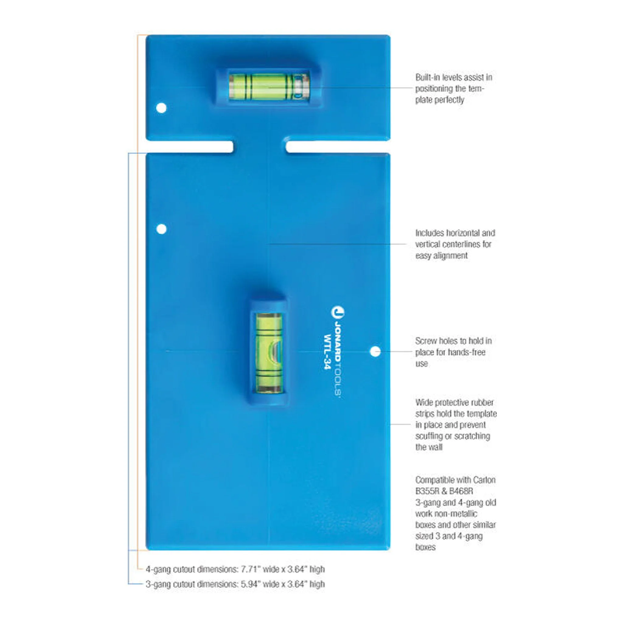 Jonard Tools WTL-34 3-Gang and 4-Gang Wall Box Template & Level for Non-Metallic Boxes - Image 3