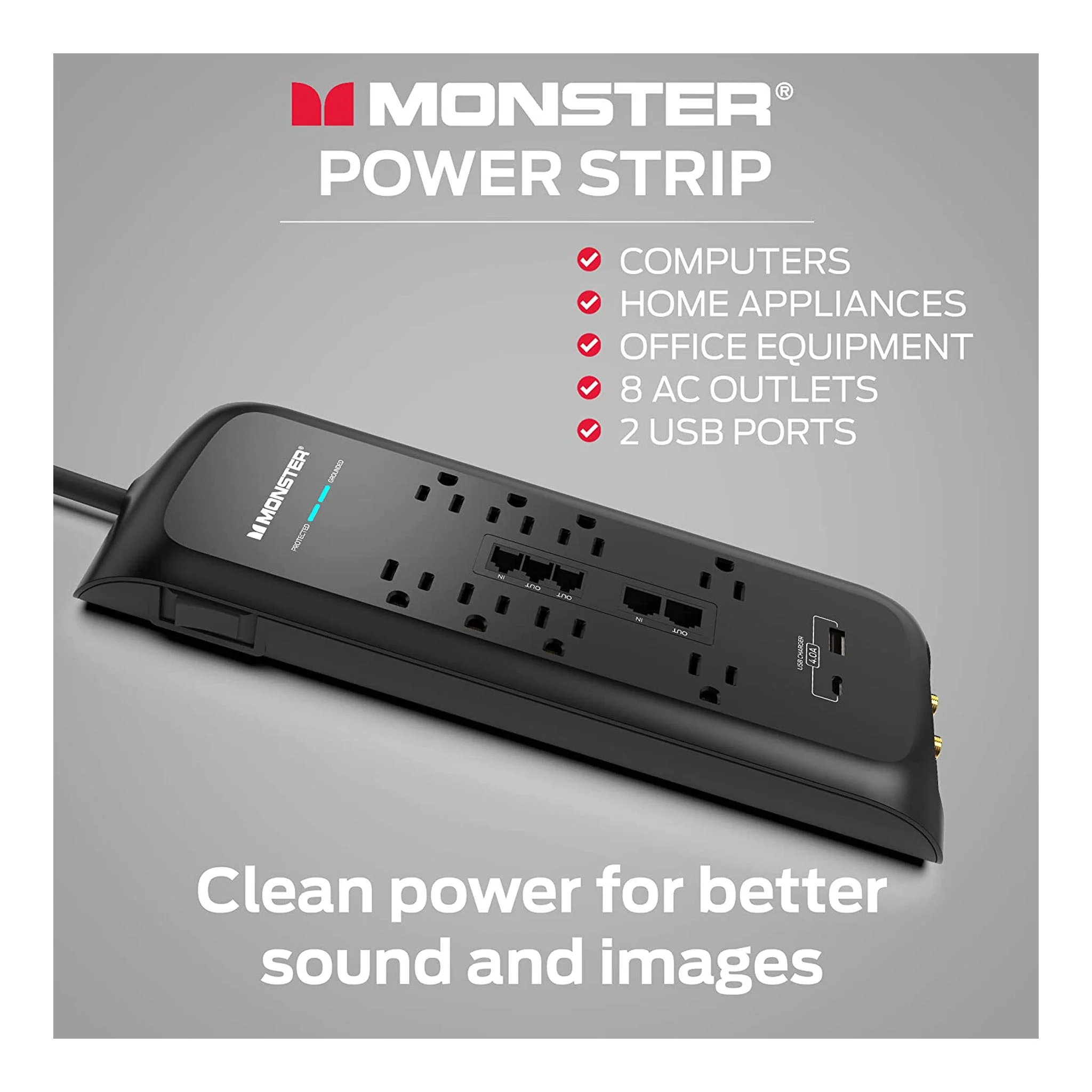 Monster ME-5005 6ft 8-Outlet Power Strip Surge Protector with USB-C and USB-A Charging Ports - Image 4