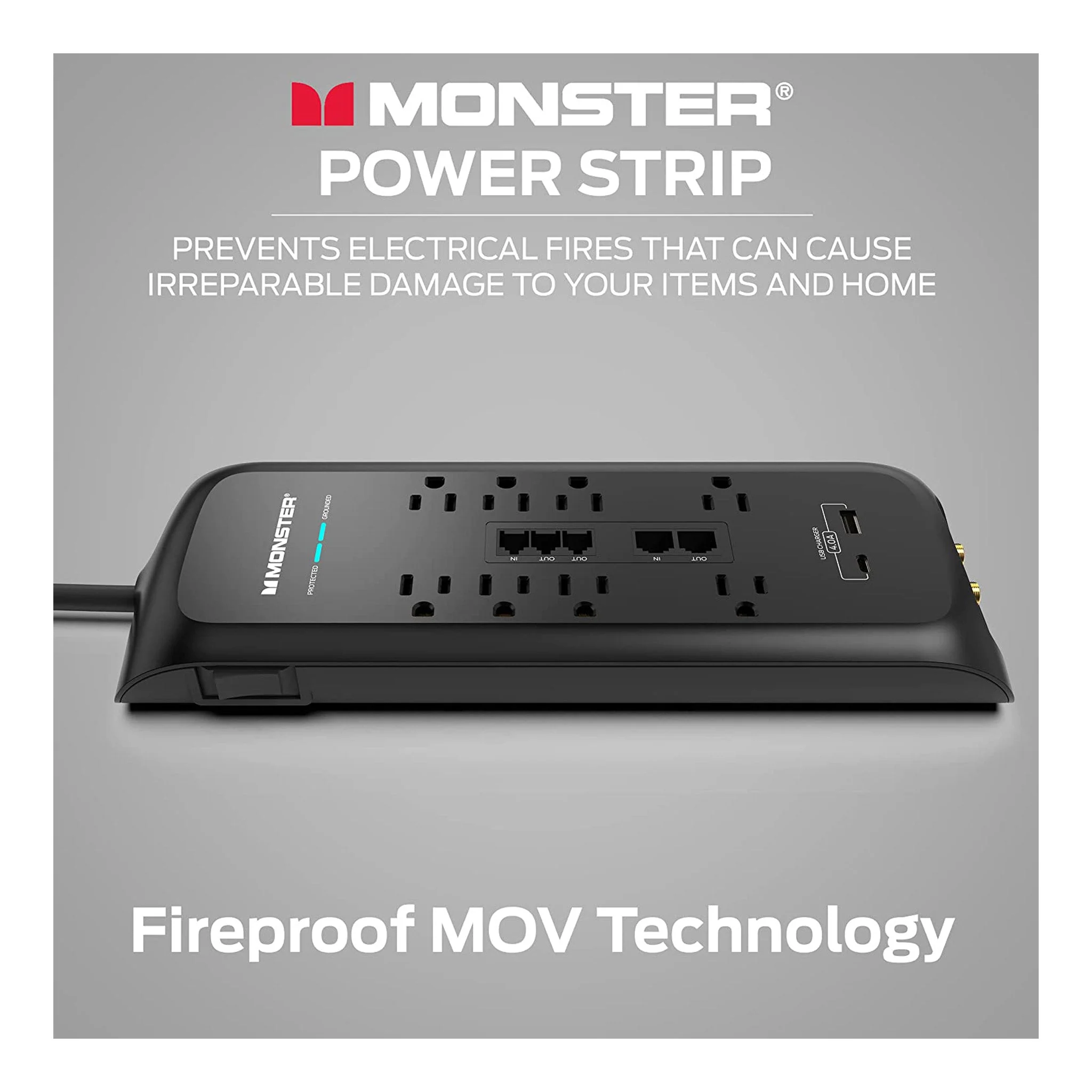 Monster ME-5005 6ft 8-Outlet Power Strip Surge Protector with USB-C and USB-A Charging Ports - Image 6