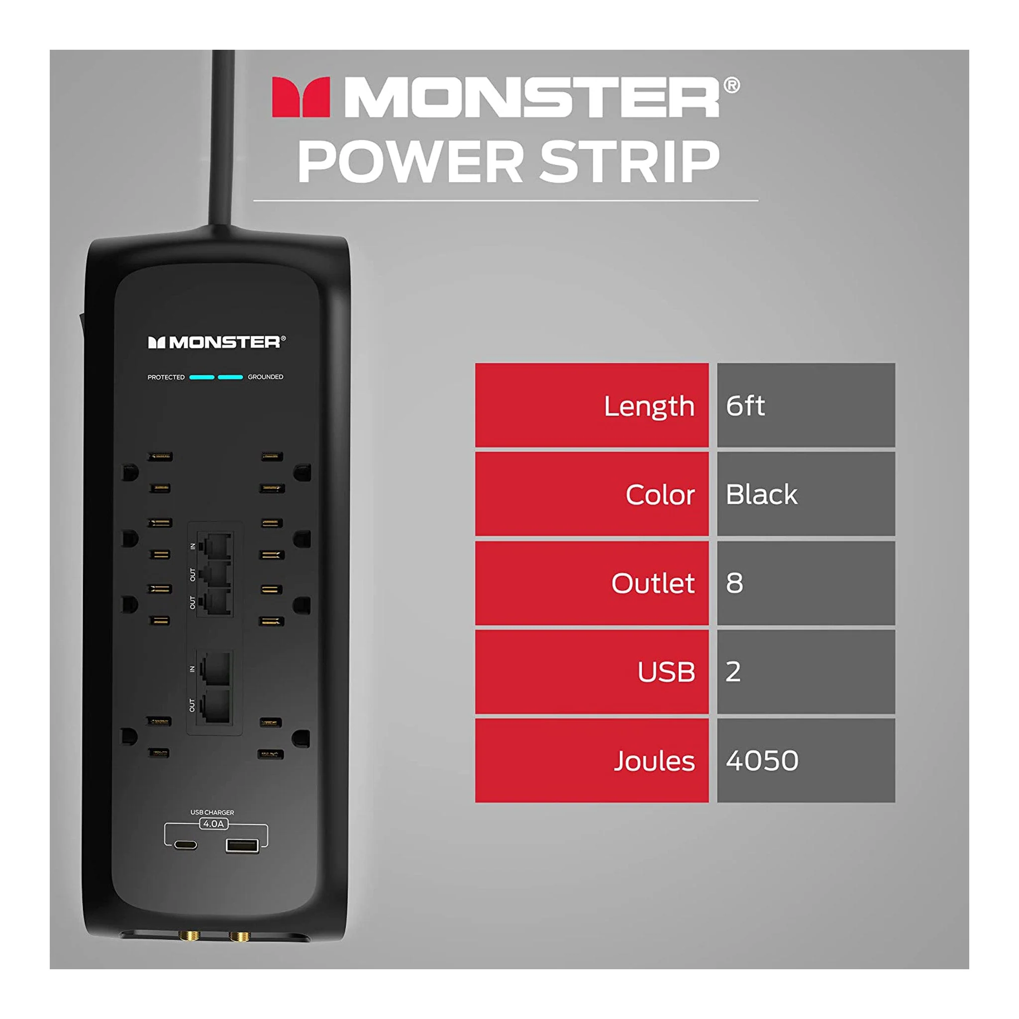 Monster ME-5005 6ft 8-Outlet Power Strip Surge Protector with USB-C and USB-A Charging Ports - Image 7