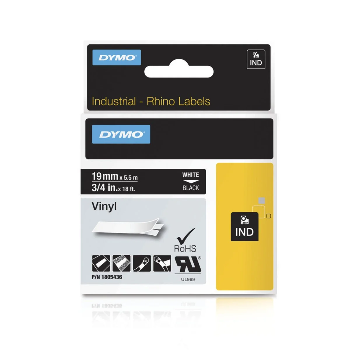 DYMO Rhino 1805436 3/4" Vinyl Label Tape, White On Black, IND, 18FT - Image 2