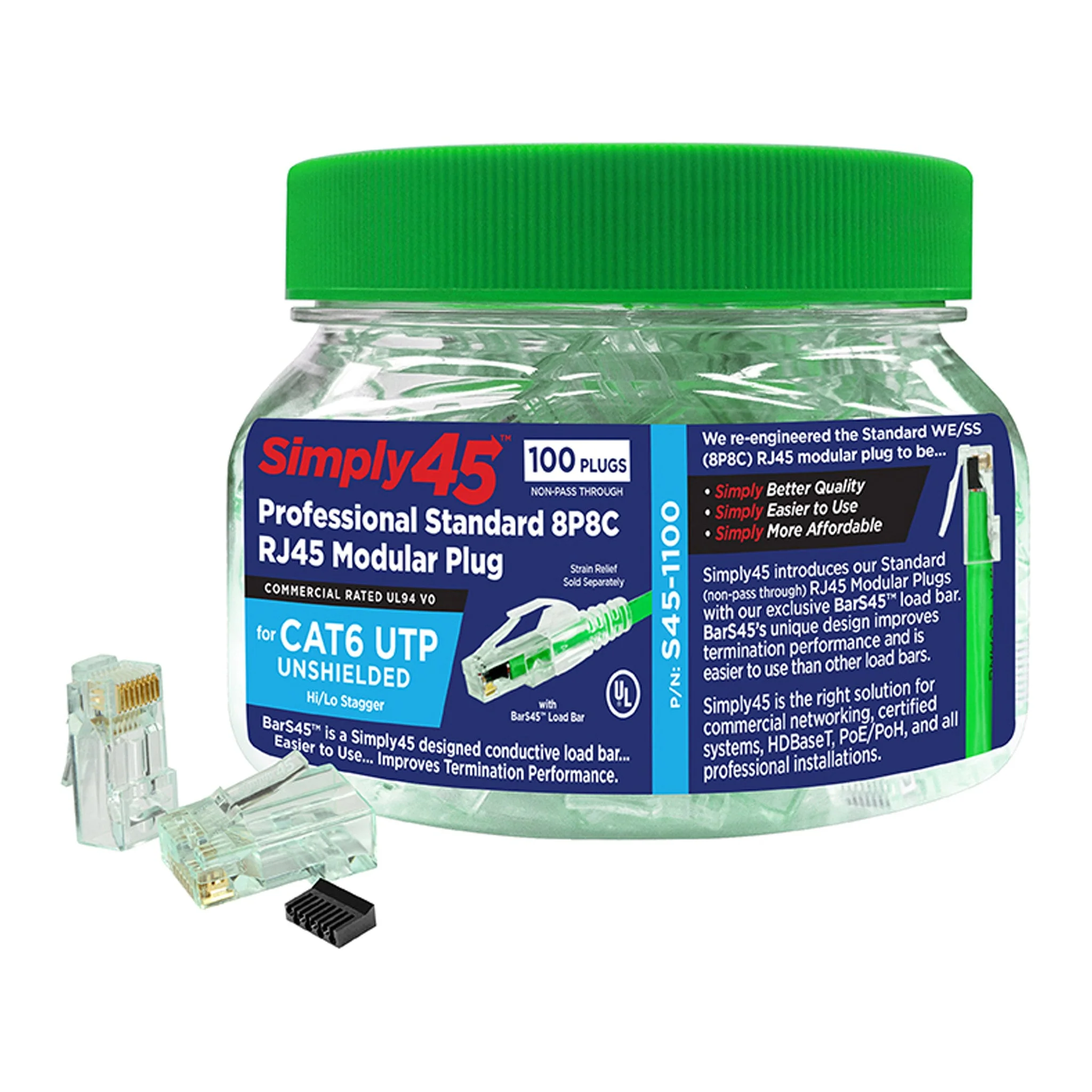 Simply45 S45-1100 Cat6 Unshielded Standard WE/SS RJ45 with Bar45 - 100-Piece Plastic Jar