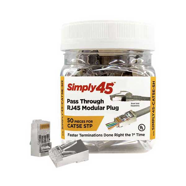 Simply45 SIMPLY45-CAT5E-SH 24AWG RJ45 Shielded Pass Through Modular Plugs 50-Piece Jar