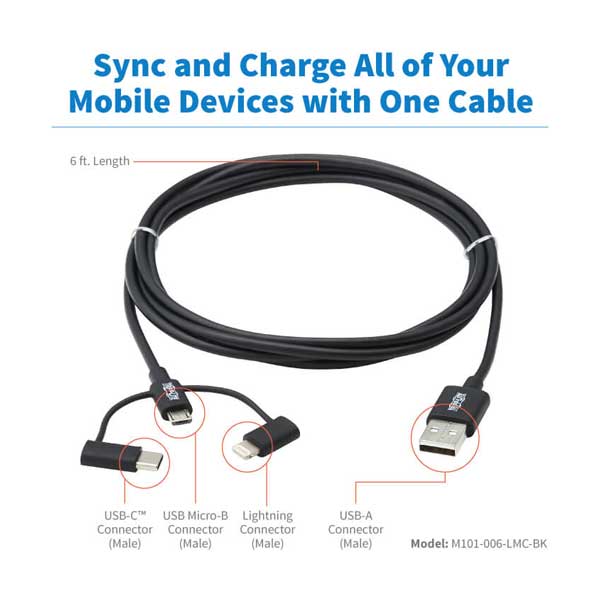Tripp Lite 6ft (1.8 m) Universal USB-A to Lightning to USB Micro-B and USB-C Sync/Charge Cable (M/3xM) Black (M101-006-LMC-BK) - Image 2