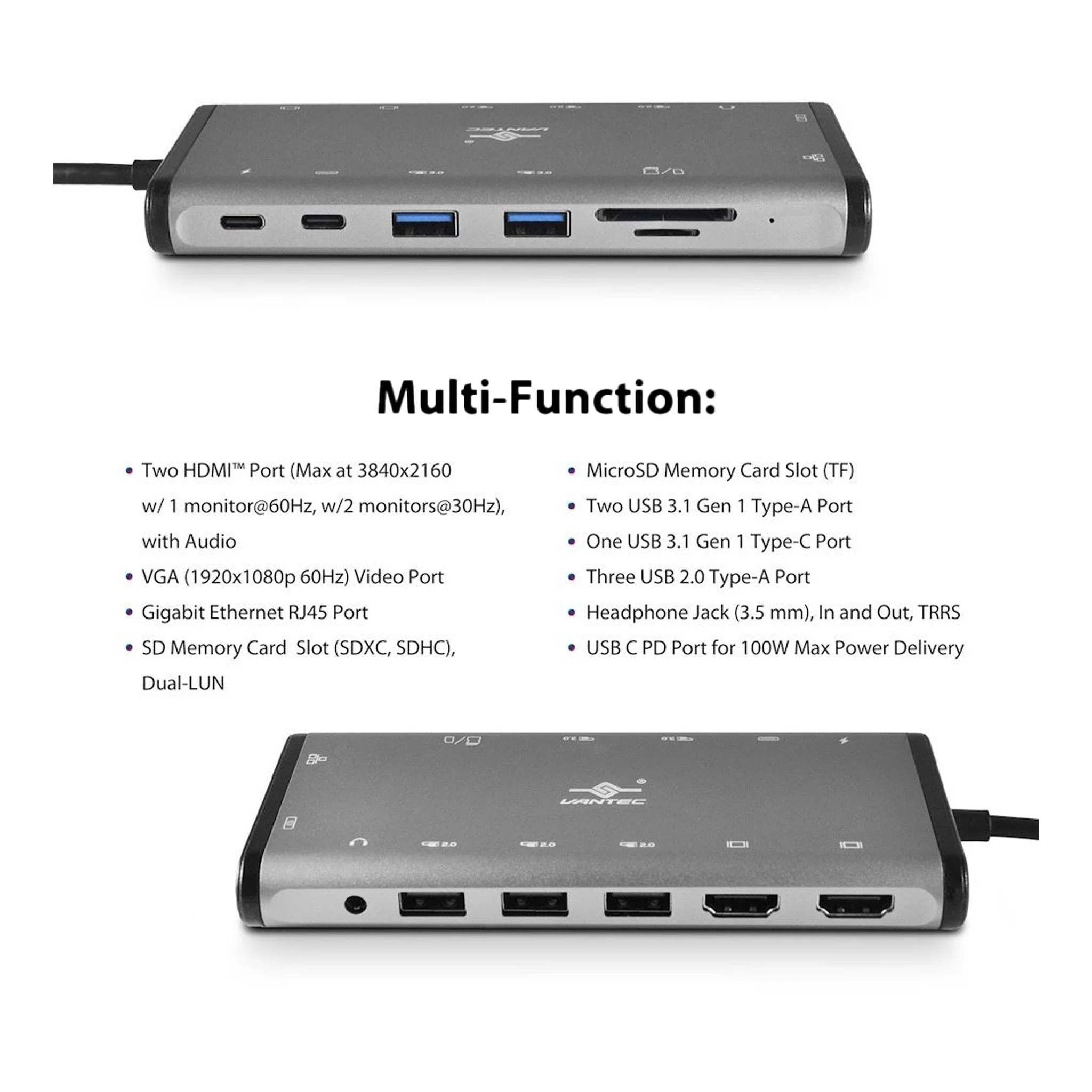 Vantec CB-CU305MDSH Link USB-C Multi-Function 14-in-1 Adapter with 100W Power Delivery - Image 4